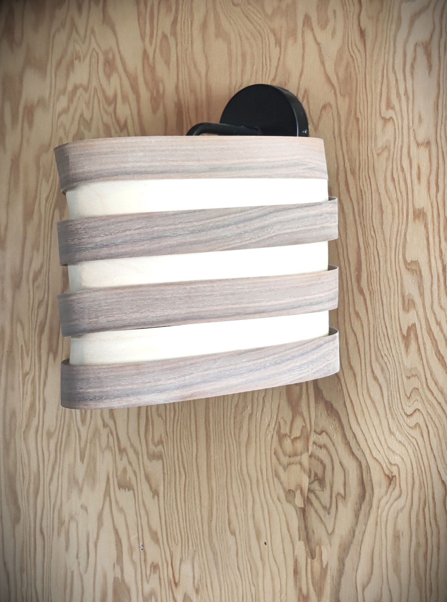 Applique murale Nest Duo en bois de bouleau et noyer, luminaire design Tectoluce diffusant une lumière chaude sur un mur clair.